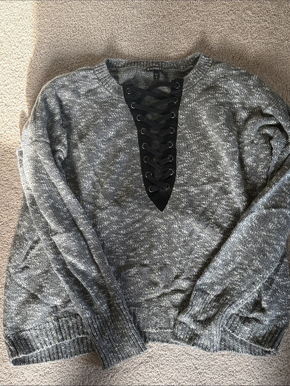 Express Women’s Gray Sweater with Black Lace-Up V-Neck